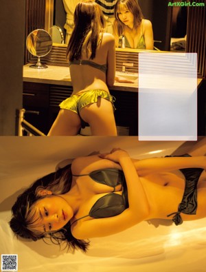 A woman sitting on a bed holding a flute.