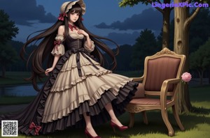 A woman in a pink dress sitting on a chair.