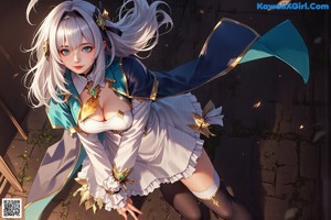 a sexy anime girl with big tits sitting on a table