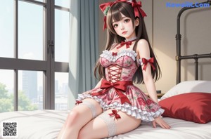 a woman in a red and white dress sitting on a chair