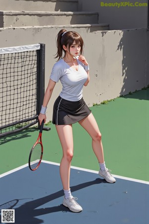 A woman holding a tennis racquet on a tennis court.