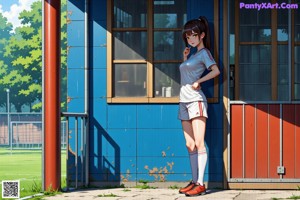 A woman in a black top and shorts standing on a soccer field.
