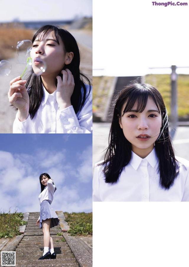 A woman in a white shirt blowing a dandelion.