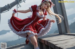 A woman in a red and white dress posing for a picture.
