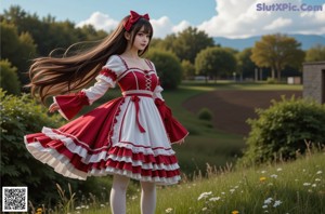 A woman in a red and white dress sitting on a tree stump.