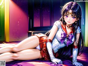 Anime girl with long blue hair sitting on a bed.