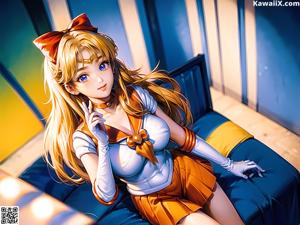 A woman in a sailor outfit sitting on a chair.