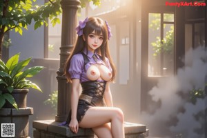 a sexy anime girl with big tits sitting on a bed