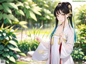 A woman in a kimono standing in front of a window.