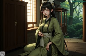 A naked anime girl sitting on a bed next to a window.