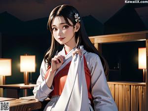 A woman in a red and white kimono sitting on a dock.