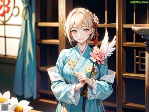 A woman in a white and red kimono standing in front of a window.