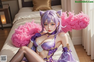 A woman in a purple and white outfit posing for a picture.