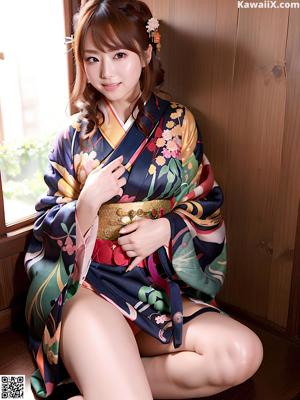 A woman in a kimono sitting on a toilet.