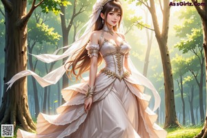 A woman in a wedding dress standing in a forest.