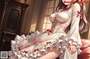 a woman in a pink dress sitting on a bed