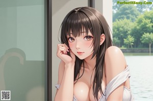 A woman in a bikini standing next to a window.