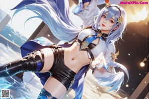 A woman with long blue hair wearing a white and blue outfit.