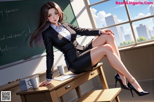 A woman in a school uniform standing in front of a blackboard.