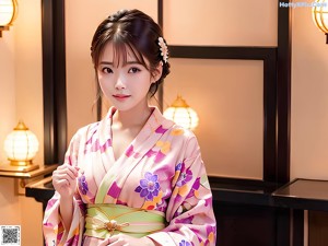 A woman in a kimono posing for a picture.