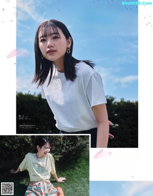 A magazine spread with a woman wearing a blue shirt and plaid skirt.