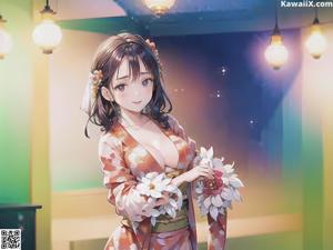 A woman in a pink kimono holding a sword.