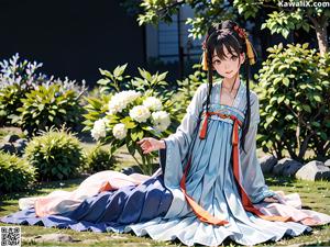 A woman in a blue and white kimono sitting on a bed.