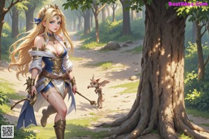 A woman in a bikini standing in the woods.