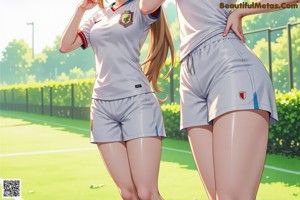 A woman in a black and red shirt and white shorts.