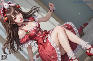 A woman in a red and white dress sitting on a bed.