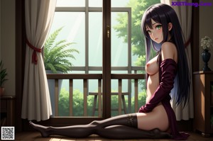 Anime girl in lingerie sitting on a kitchen counter.