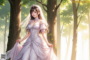 A woman in a long dress standing in a forest.