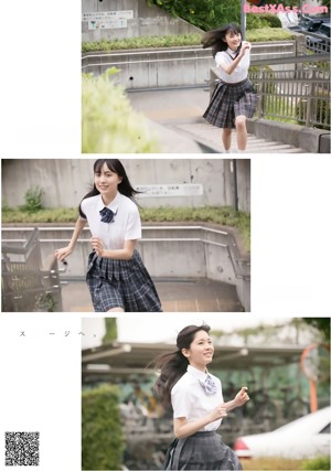 A collage of photos of a woman walking down the stairs.