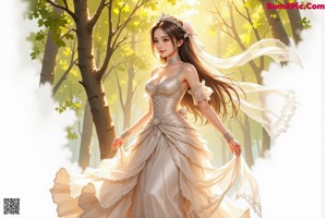A woman in a wedding dress walking through a forest.