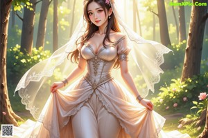 A woman in a wedding dress walking through a forest.