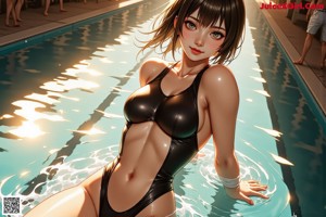 A woman in a black bathing suit standing in a pool.
