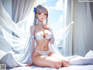 A woman in a blue bathing suit sitting in a pool.