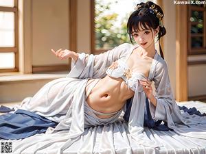 A woman in a white kimono sitting on the ground.