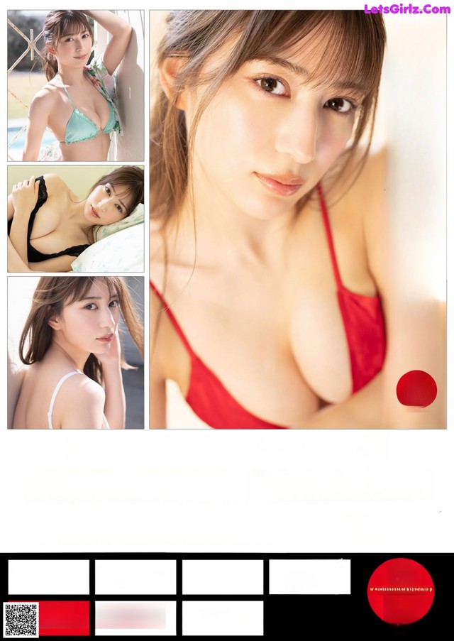 A woman in a red bikini is posing for a magazine cover.