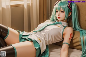 Anime girl with long green hair wearing headphones.