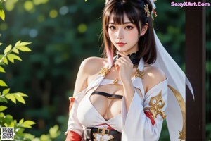 A woman in a revealing outfit with a red and white top and black bottoms.