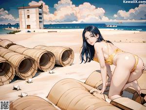 A woman in a bikini standing in front of a building.