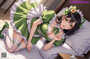 a woman in a green dress and stockings posing for a picture