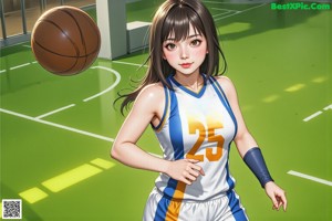 A woman in a basketball uniform posing for a picture.