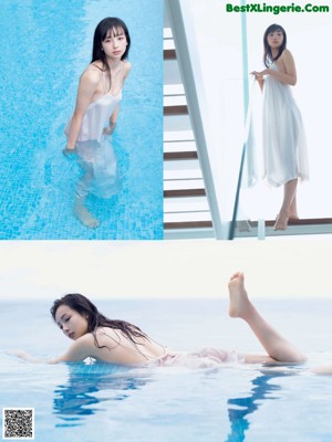 A woman in a pink bathing suit sitting in a pool.