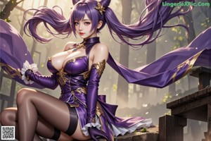 A woman with long purple hair standing in front of a building.