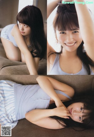 A woman sitting on a couch with her legs crossed.