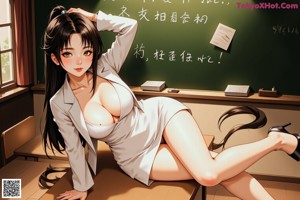 A woman in a business suit standing in front of a classroom with a dog.