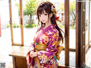 A woman in a blue kimono standing on a bed.