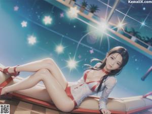 A 3D rendering of a woman in a bikini with a flower in her hand.
